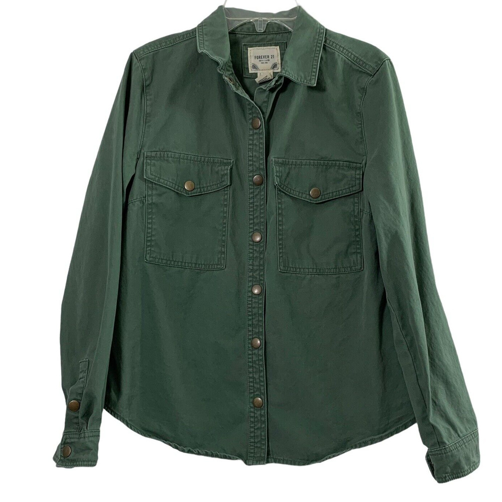 FOREVER 21 MIlitary Jacket Womens Small Green  Snap Up Front Pockets Long Sleeve